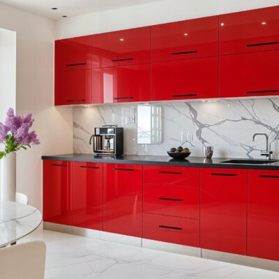 Meble Kuchenne VERO 260cm CZERWONY POŁYSK Kuchnia Blat Szafki 2,6M