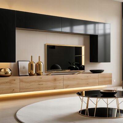 Meblościanka Nicea Czarny Połysk/Dąb Craft Złoty 300 cm meble do salonu