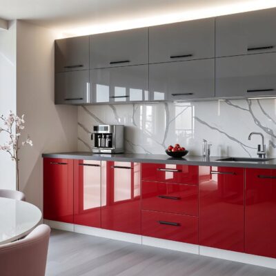 Meble Kuchenne VERO 260cm SZARY/ CZERWONY POŁYSK Kuchnia Blat Szafki 2,6M