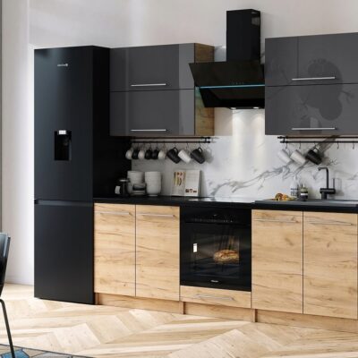 MEBLE KUCHENNE KUCHNIA SZAFKI BLAT EMMA 2,8 M SZARY POŁYSK MDF/DĄB CRAFT