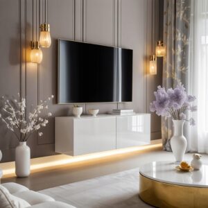 Szafka RTV PARIS biały połysk 100 cm wisząca do salonu oświetlenie LED