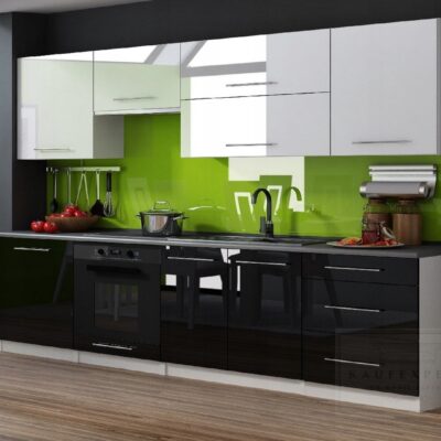 MEBLE KUCHENNE KUCHNIA ZESTAW SZAFKI BLAT LINDA 2,4 M BIAŁY CZARNY POŁYSK