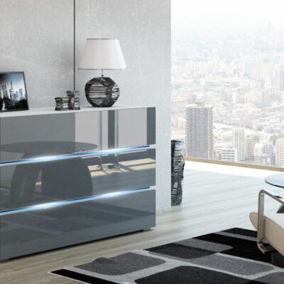 NOWOCZESNA KOMODA SHINE 120CM Szary połysk/biel oświetlenie LED szuflady