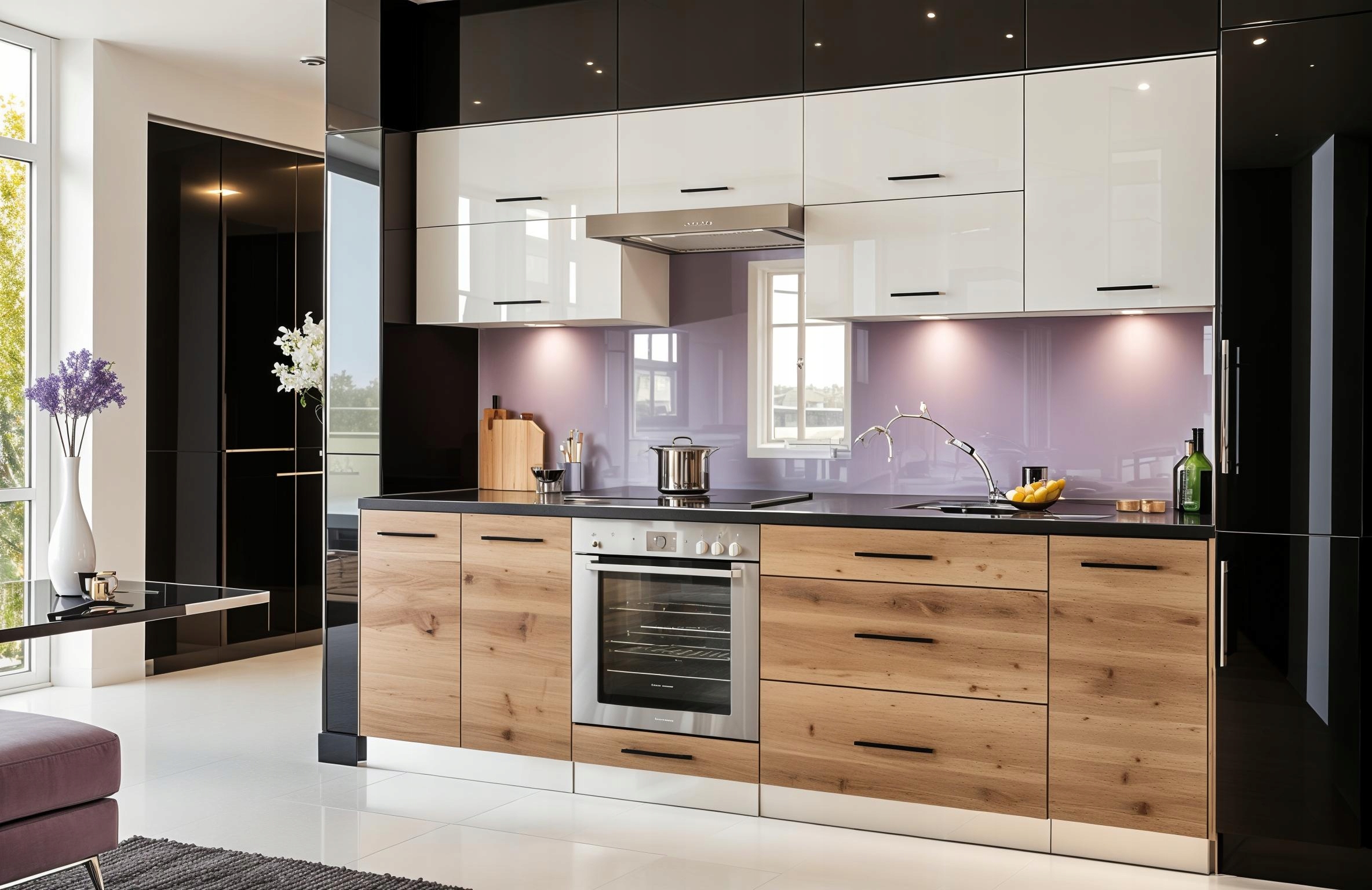 Meble Kuchenne SOPHIE 260cm CZARNY POŁYSK/DĄB WOTAN Kuchnia Blat 2,6M - obrazek 4