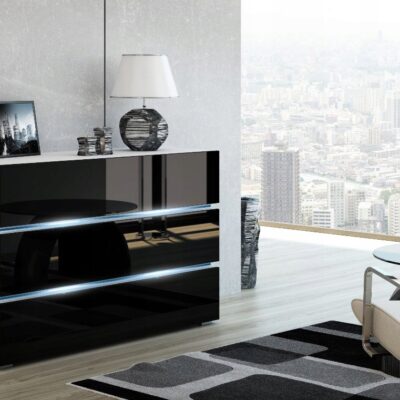 NOWOCZESNA KOMODA SHINE 120CM czarny połysk/biały oświetlenie LED