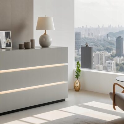 NOWOCZESNA KOMODA SHINE 120CM szary mat szuflady oświetlenie LED duża