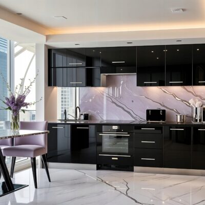 Meble Kuchenne LARA 260cm CZARNY POŁYSK Kuchnia czarna Blat Szafki 2,6M