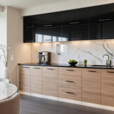 Meble Kuchenne VERO 260cm CZARNY POŁYSK/DĄB SONOMA Kuchnia Blat Szafki 2,6M