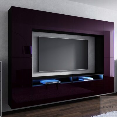 Meblościanka CINEMA Fioletowy Połysk /Czarny MDF 280cm meble pokojowe salon
