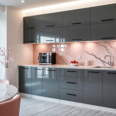 Meble Kuchenne VERO 260cm SZARY POŁYSK Kuchnia 2,6M zestaw kuchenny Blat