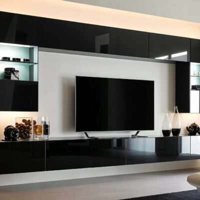 Meblościanka Flow Czarny Połysk / Czarny 300 cm meble pokojowe do salonu