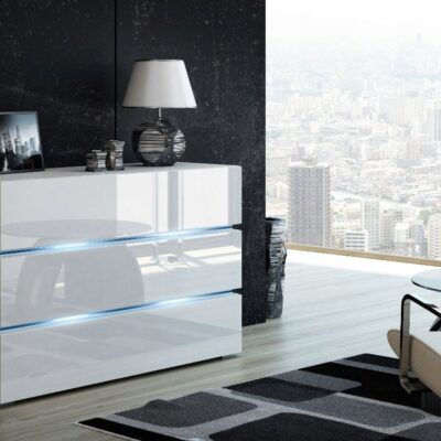 NOWOCZESNA KOMODA SHINE 120CM biały połysk oświetlenie LED szuflady szeroka