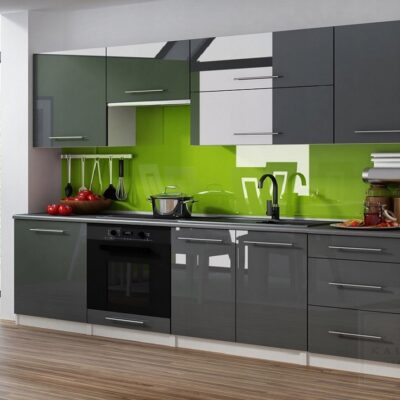 MEBLE KUCHENNE KUCHNIA ZESTAW SZAFKI BLAT LINDA 2,4M SZARY POŁYSK MDF 240cm