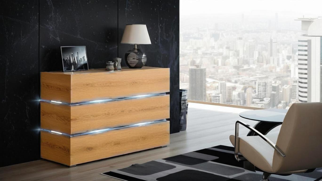 NOWOCZESNA KOMODA SHINE 120CM dąb craft złoty szuflady oświetlenie LED