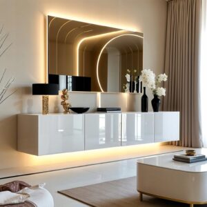 Szafka RTV PARIS biały połysk 200 cm wisząca do salonu oświetlenie LED