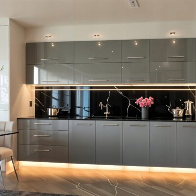 Meble Kuchenne Pure Line 280cm SZARY POŁYSK MDF Kuchnia Blat Szafki 2,8m