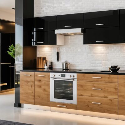 Meble Kuchenne SOPHIE 260cm CZARNY POŁYSK/DĄB WOTAN Kuchnia Blat 2,6M