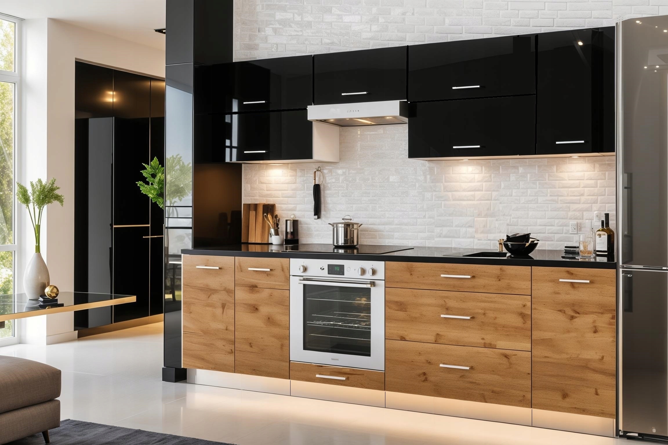 Meble Kuchenne SOPHIE 260cm CZARNY POŁYSK/DĄB WOTAN Kuchnia Blat 2,6M