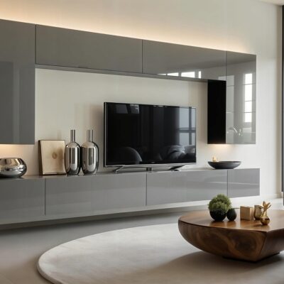 Nowoczesna Meblościanka Nicea Szary Połysk 300 cm oświetlenie LED salon