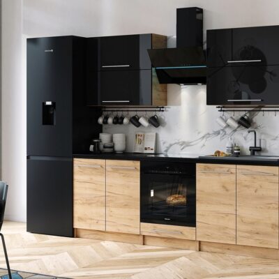 MEBLE KUCHENNE KUCHNIA SZAFKI BLAT EMMA 2,8 M CZARNY POŁYSK MDF/DĄB CRAFT