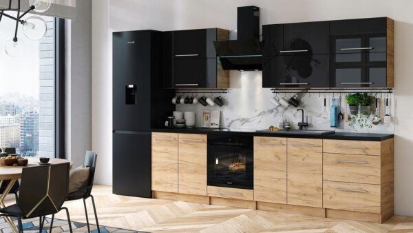 MEBLE KUCHENNE KUCHNIA SZAFKI BLAT EMMA 2,8 M CZARNY POŁYSK MDF/DĄB CRAFT