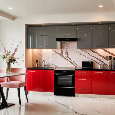 Meble Kuchenne LARA 260cm SZARY i CZERWONY POŁYSK Kuchnia Blat Szafki 2,6M