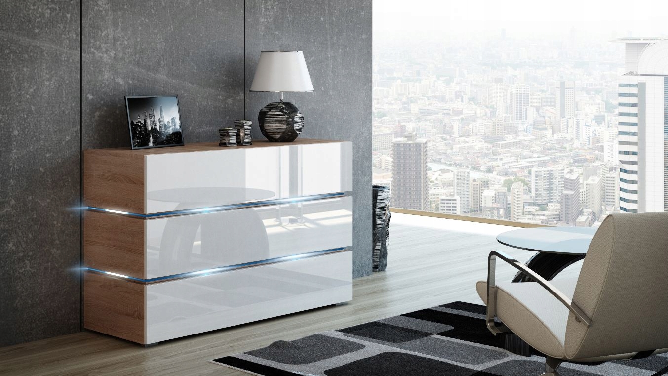 NOWOCZESNA KOMODA SHINE 120CM dąb craft złoty szuflady oświetlenie LED - obrazek 3