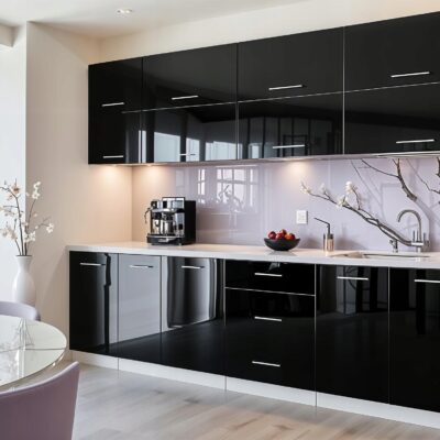 Meble Kuchenne VERO 260cm CZARNY POŁYSK Kuchnia Blat Szafki 2,6M