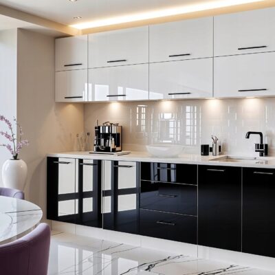 Meble Kuchenne VERO 260cm BIAŁY i CZARNY POŁYSK Kuchnia Blat Szafki 2,6M