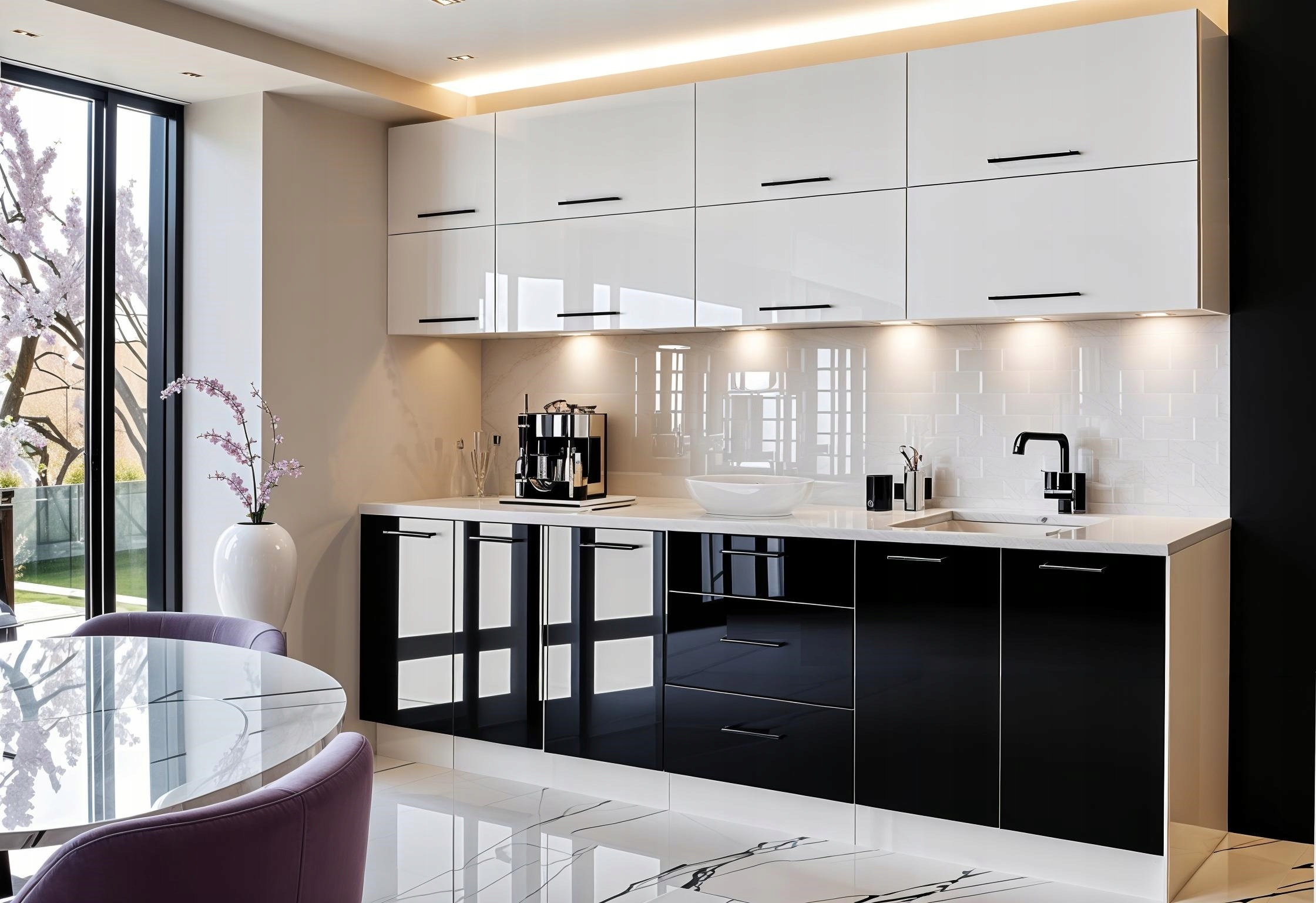 Meble Kuchenne VERO 260cm BIAŁY i CZARNY POŁYSK Kuchnia Blat Szafki 2,6M