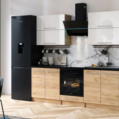 MEBLE KUCHENNE KUCHNIA SZAFKI BLAT EMMA 2,8 M BIAŁY POŁYSK MDF/DĄB CRAFT