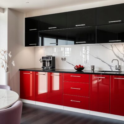 Meble Kuchenne VERO 260cm CZARNY/ CZERWONY POŁYSK Kuchnia Blat Szafki 2,6M