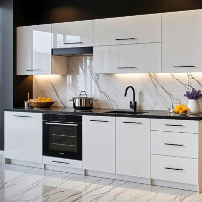 MEBLE KUCHENNE KUCHNIA ZESTAW BLAT LINDA 2,4 M BIAŁY POŁYSK 240cm MDF