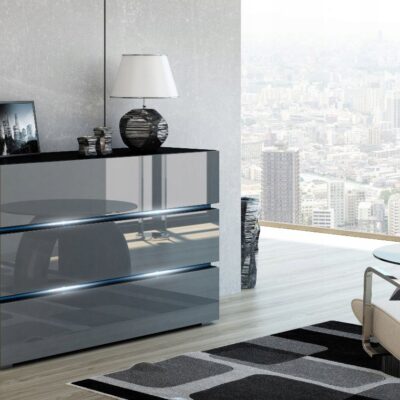 NOWOCZESNA KOMODA SHINE 120CM szary połysk/czarny oświetlenie LED szuflady