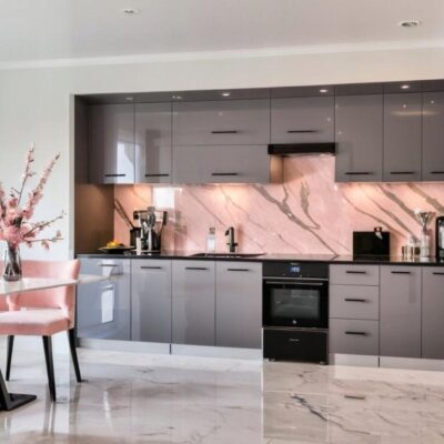 Meble Kuchenne Wysokie Szafki LARA 320cm SZARY POŁYSK 3,2M Kuchnia Blat