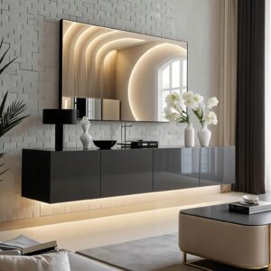 Szafka RTV PARIS szary połysk 200 cm wisząca do salonu oświetlenie LED