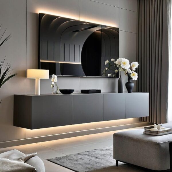 Szafka RTV PARIS CZARNY MAT 200 cm wisząca meble do salonu oświetlenie LED - obrazek 3