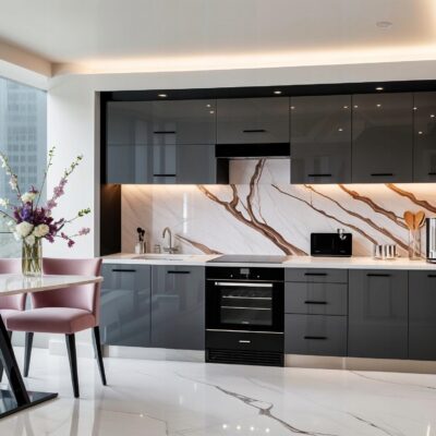 Meble Kuchenne LARA 260cm SZARY POŁYSK Kuchnia Szara Blat Szafki 2,6M