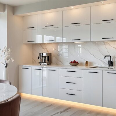 Meble Kuchenne VERO 260cm BIAŁY POŁYSK, jasny blat Kuchnia Blat Szafki 2,6M