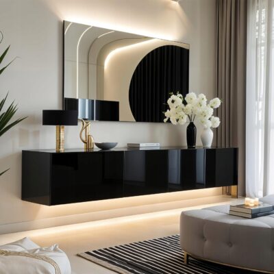 Szafka RTV PARIS czarny połysk 200 cm wisząca do salonu oświetlenie LED