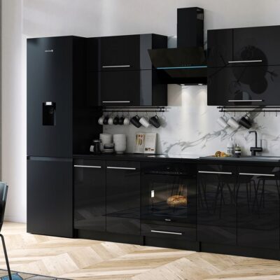 MEBLE KUCHENNE KUCHNIA ZESTAW SZAFKI BLAT EMMA 2,8 M CZARNY POŁYSK MDF