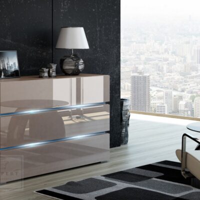 NOWOCZESNA KOMODA SHINE 120CM BEŻOWY połysk/dąb sonoma oświetlenie LED