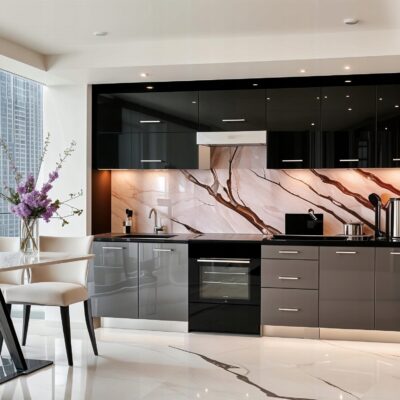 Meble Kuchenne LARA 260cm CZARNY I SZARY POŁYSK Kuchnia Blat Szafki 2,6M