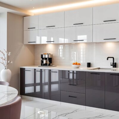 Meble Kuchenne VERO 260cm BIAŁY i SZARY POŁYSK Kuchnia Blat Szafki 2,6M