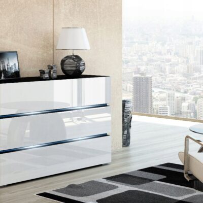 NOWOCZESNA KOMODA SHINE 120CM biały połysk/czarny oświetlenie LED szuflady